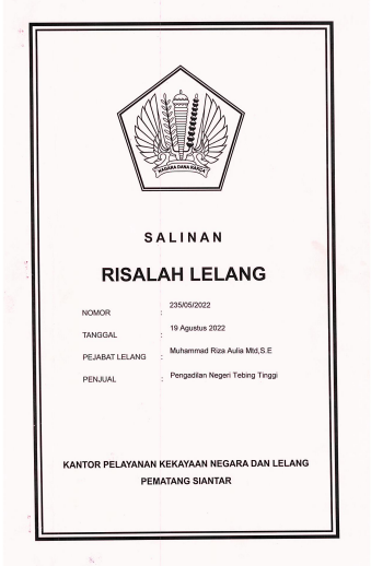 Kutipan Risalah Lelang No. 235/05/2022